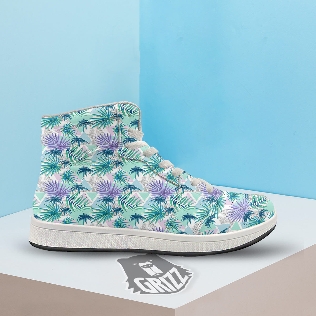 Tropical Leaf And Triangles Pastel Print Pattern High Top Sneakers-grizzshop