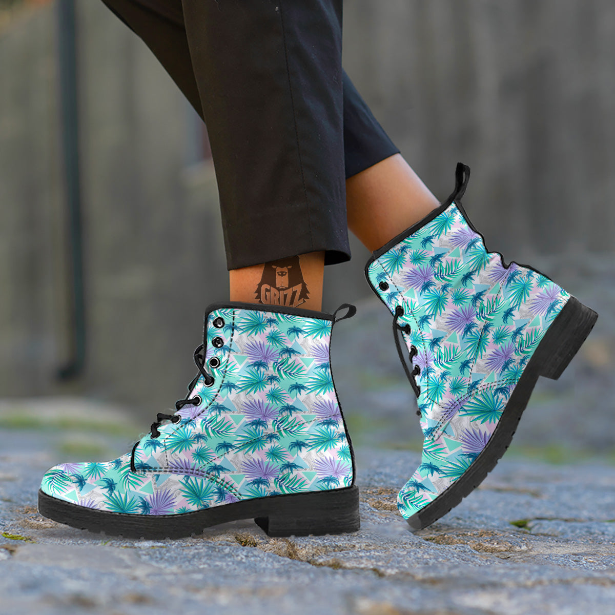 Tropical Leaf And Triangles Pastel Print Pattern Leather Boots-grizzshop