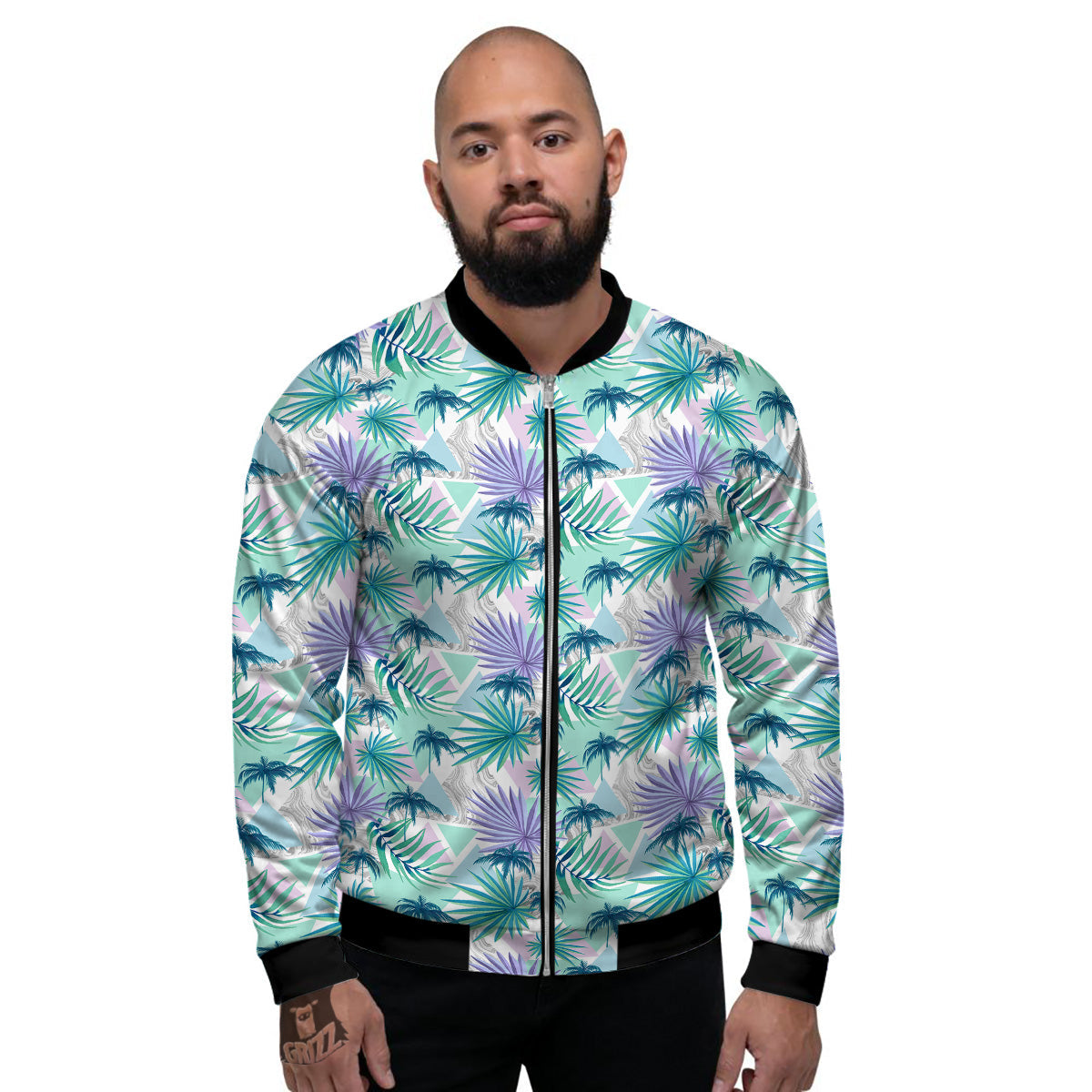 Tropical Leaf And Triangles Pastel Print Pattern Men's Bomber Jacket-grizzshop