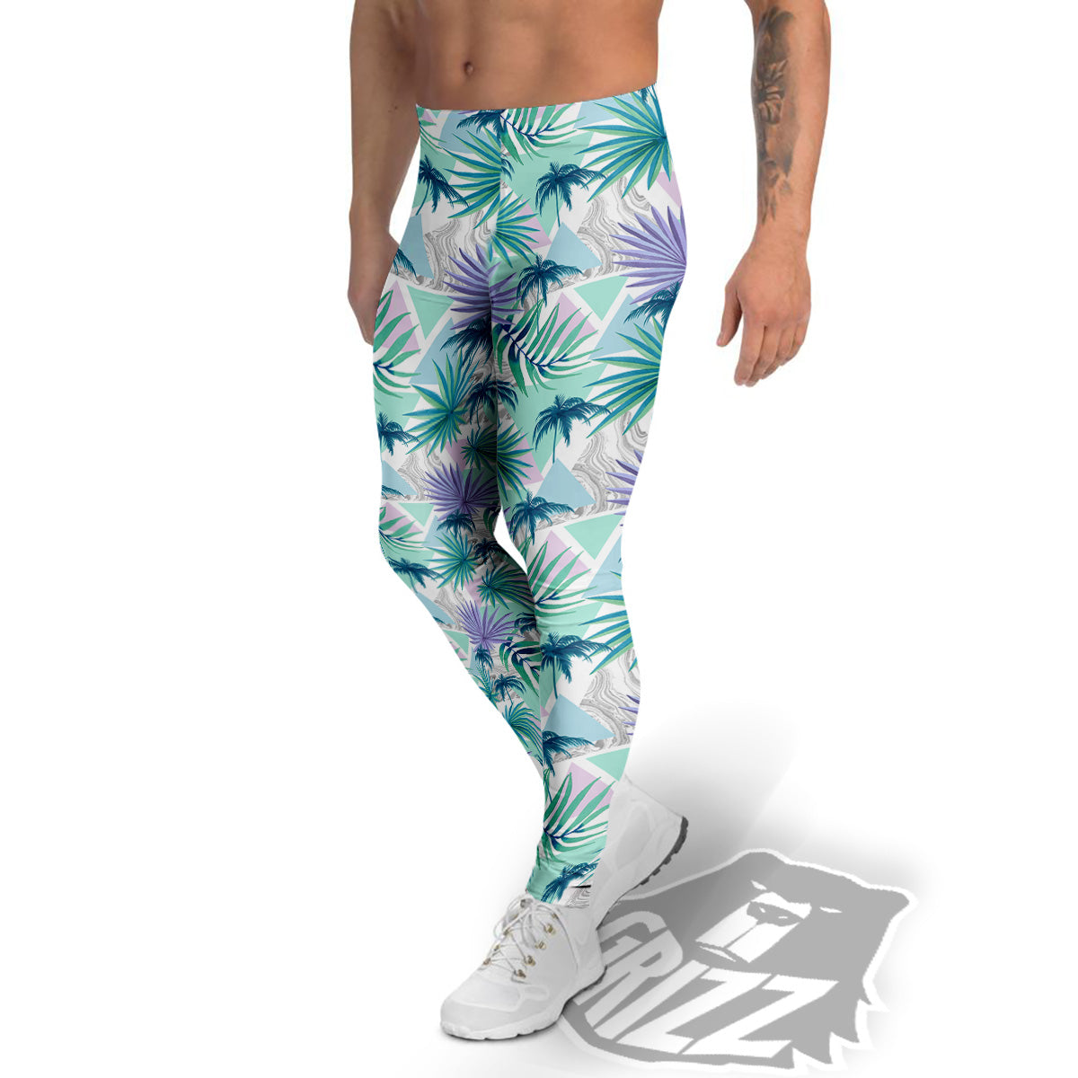 Tropical Leaf And Triangles Pastel Print Pattern Men's Leggings-grizzshop