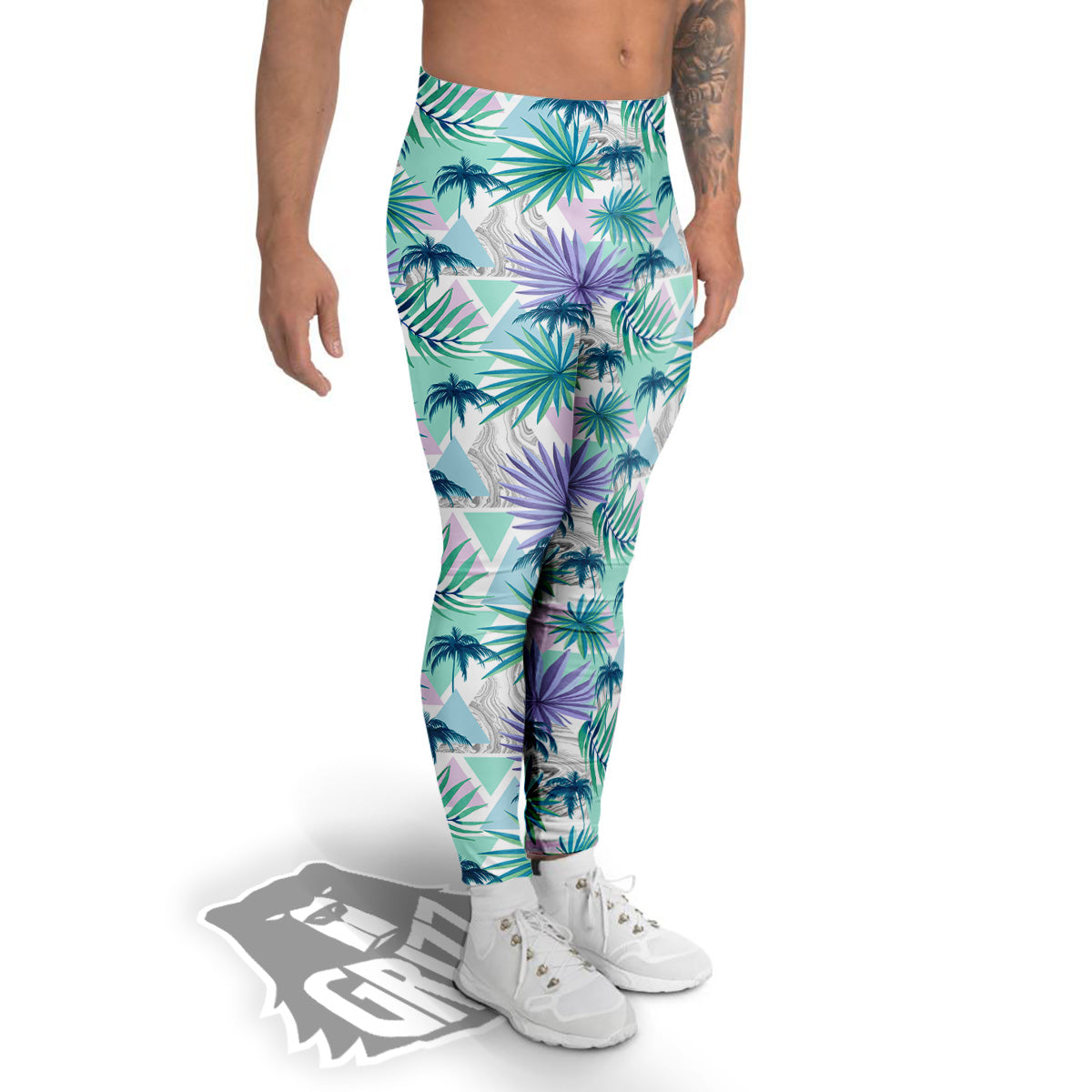 Tropical Leaf And Triangles Pastel Print Pattern Men's Leggings-grizzshop