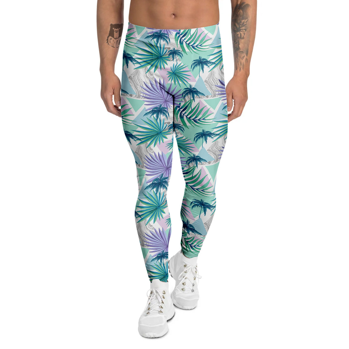 Tropical Leaf And Triangles Pastel Print Pattern Men's Leggings-grizzshop