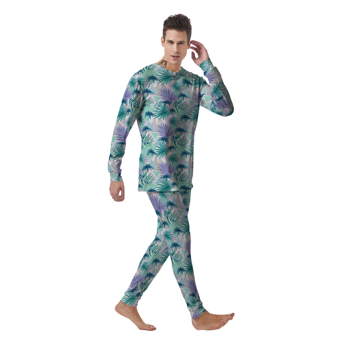 Tropical Leaf And Triangles Pastel Print Pattern Men's Pajamas-grizzshop