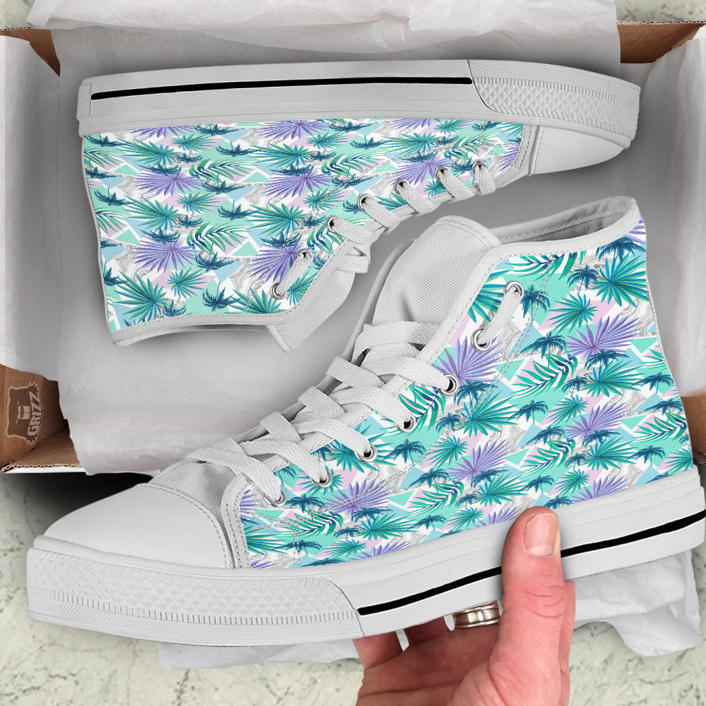 Tropical Leaf And Triangles Pastel Print Pattern White High Top Shoes-grizzshop