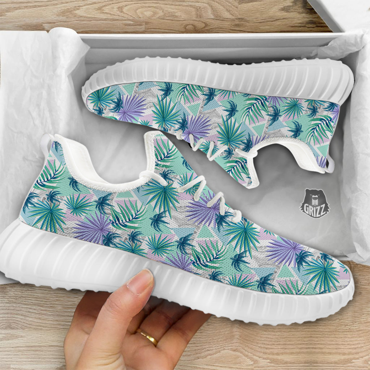 Tropical Leaf And Triangles Pastel Print Pattern White Walking Shoes-grizzshop
