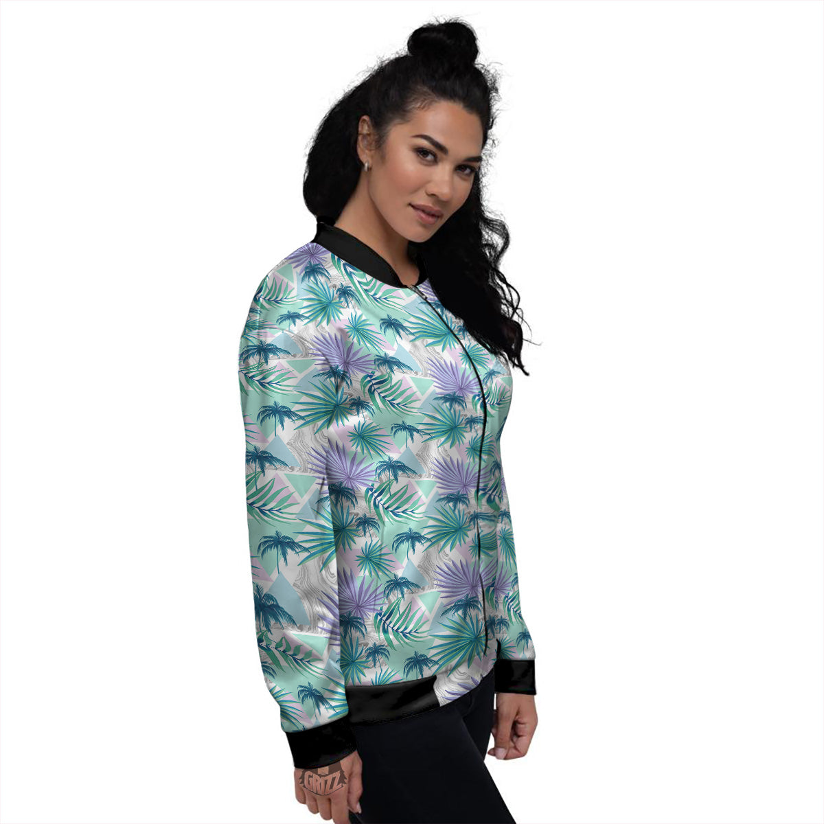 Tropical Leaf And Triangles Pastel Print Pattern Women's Bomber Jacket-grizzshop