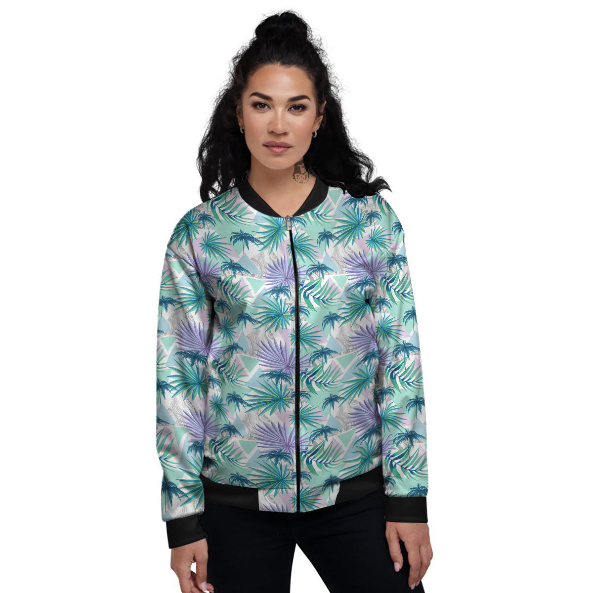 Tropical Leaf And Triangles Pastel Print Pattern Women's Bomber Jacket-grizzshop