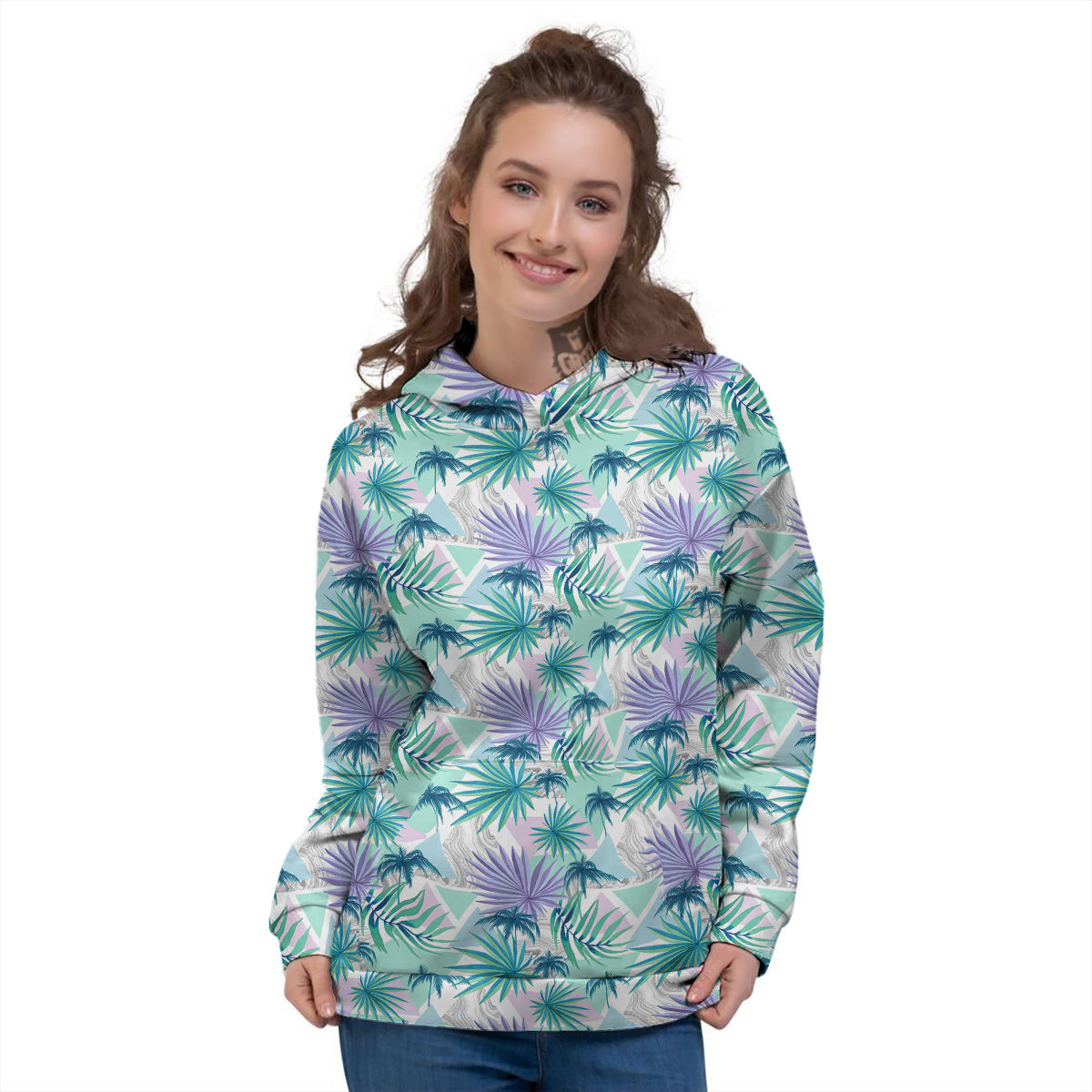 Tropical Leaf And Triangles Pastel Print Pattern Women's Hoodie-grizzshop