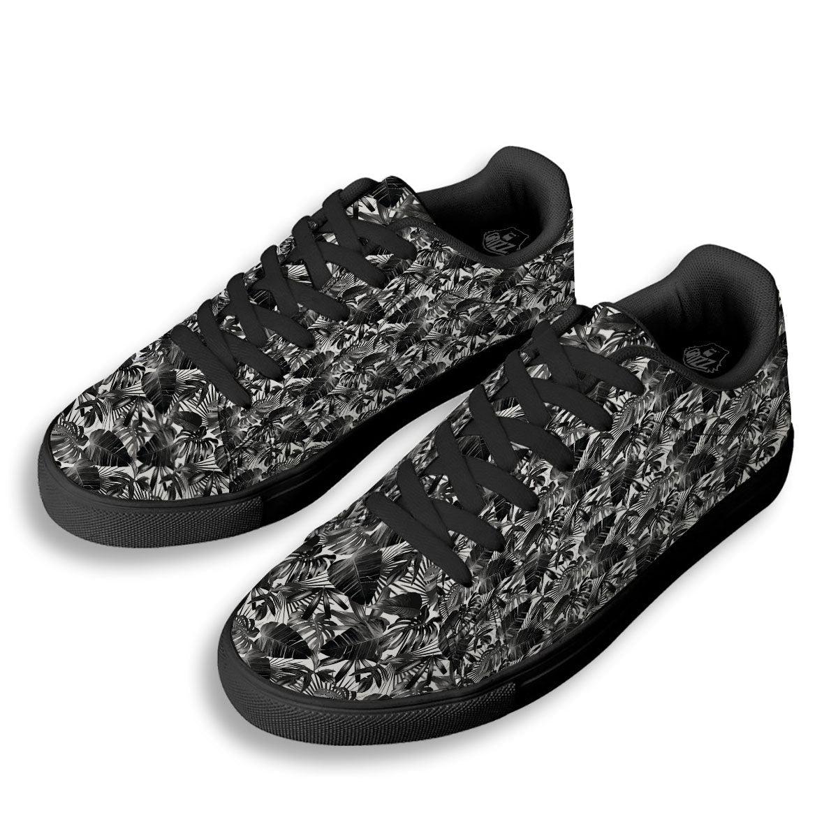 Tropical Leaf Black White Print Pattern Black Low Top Sneakers-grizzshop