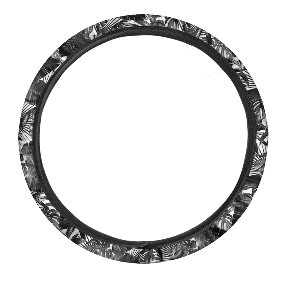 Tropical Leaf Black White Print Pattern Car Steering Wheel Cover-grizzshop