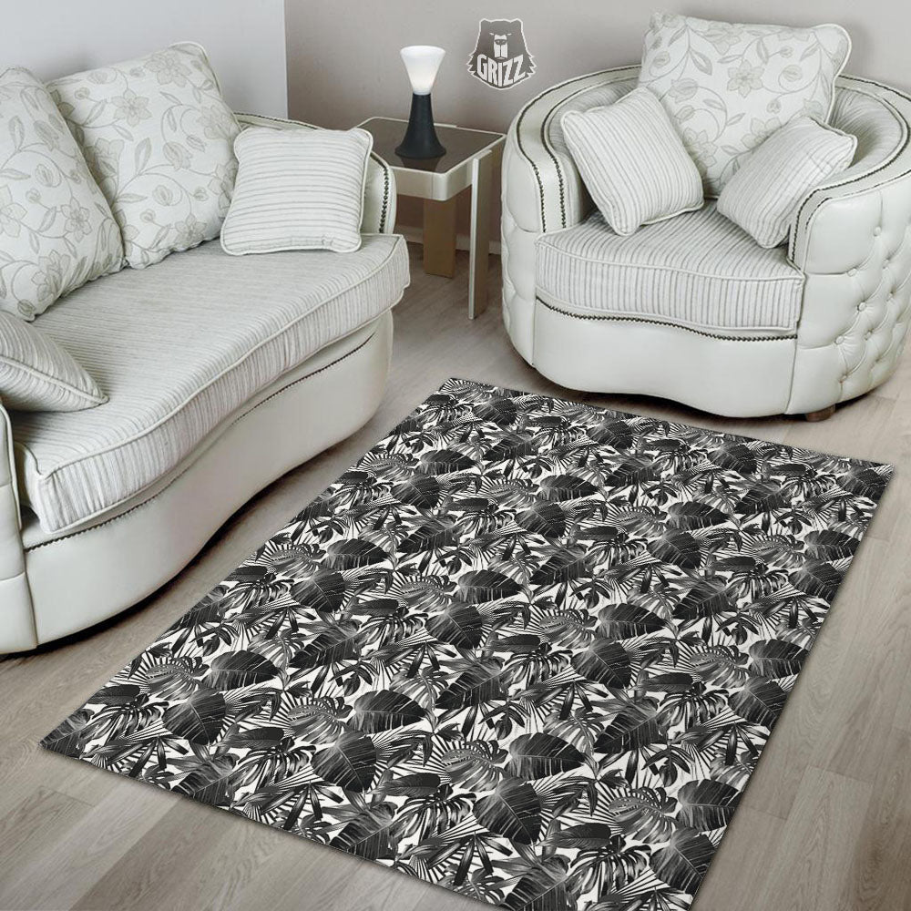 Tropical Leaf Black White Print Pattern Floor Mat-grizzshop