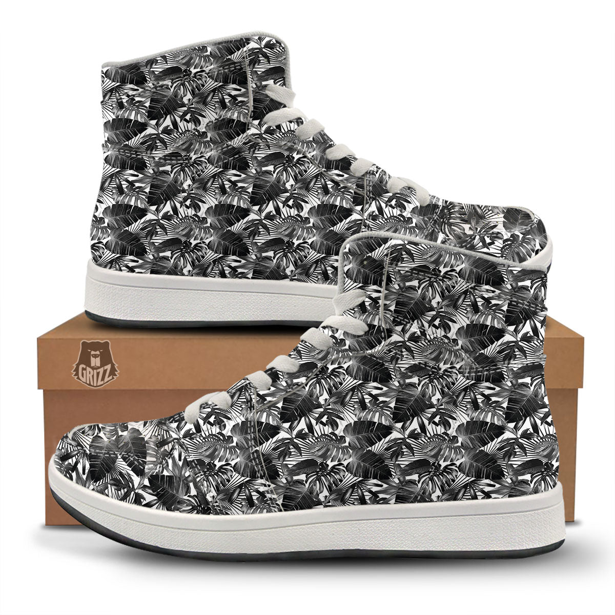 Tropical Leaf Black White Print Pattern High Top Sneakers-grizzshop