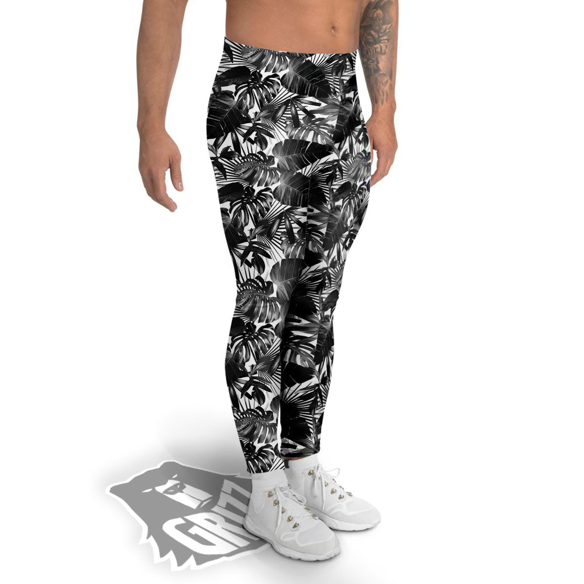 Tropical Leaf Black White Print Pattern Men's Leggings-grizzshop