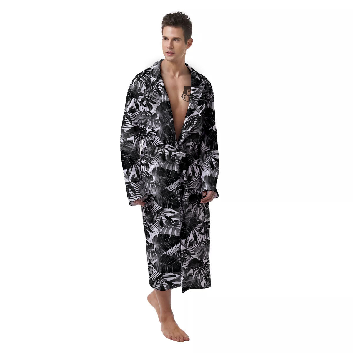 Tropical Leaf Black White Print Pattern Men's Robe-grizzshop