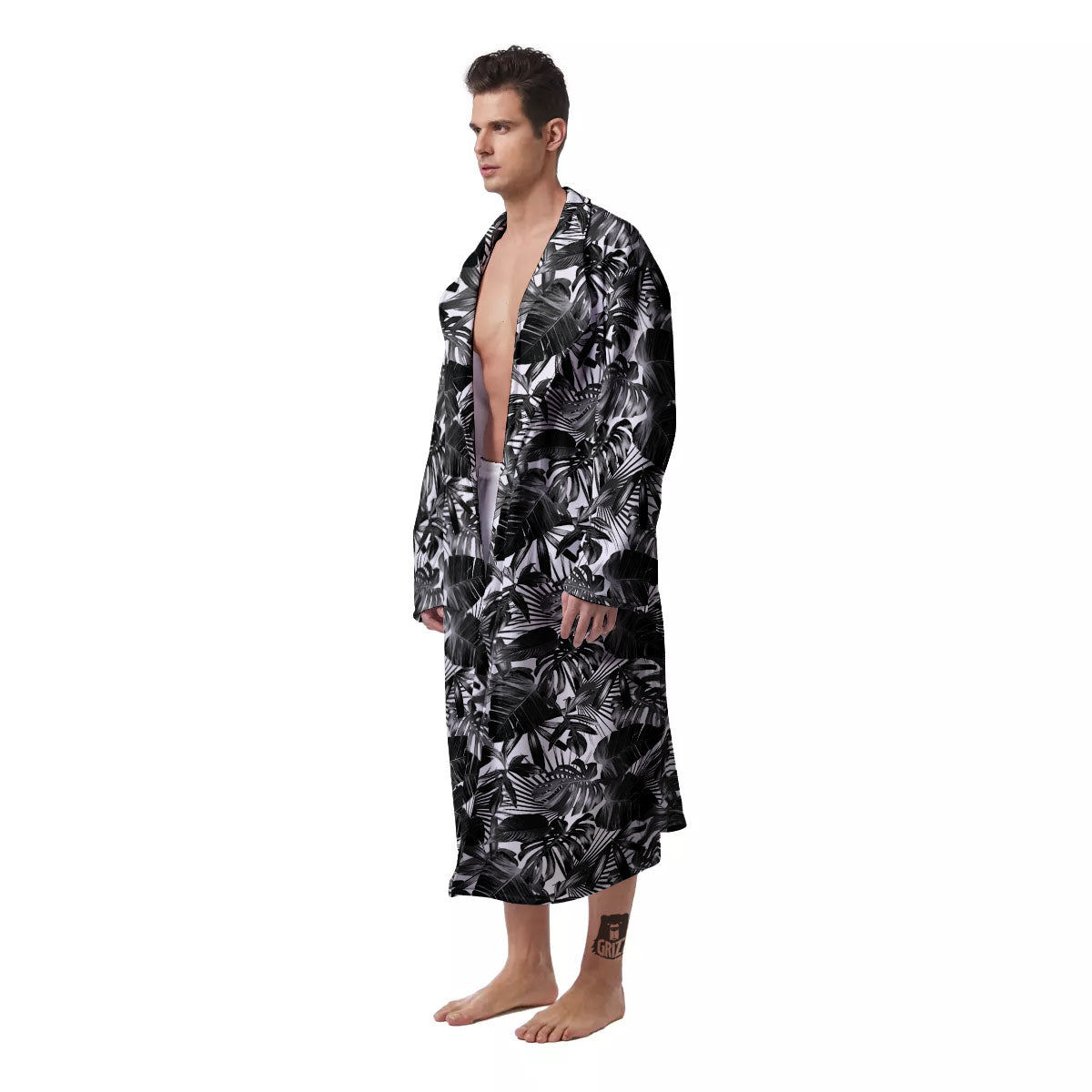 Tropical Leaf Black White Print Pattern Men's Robe-grizzshop