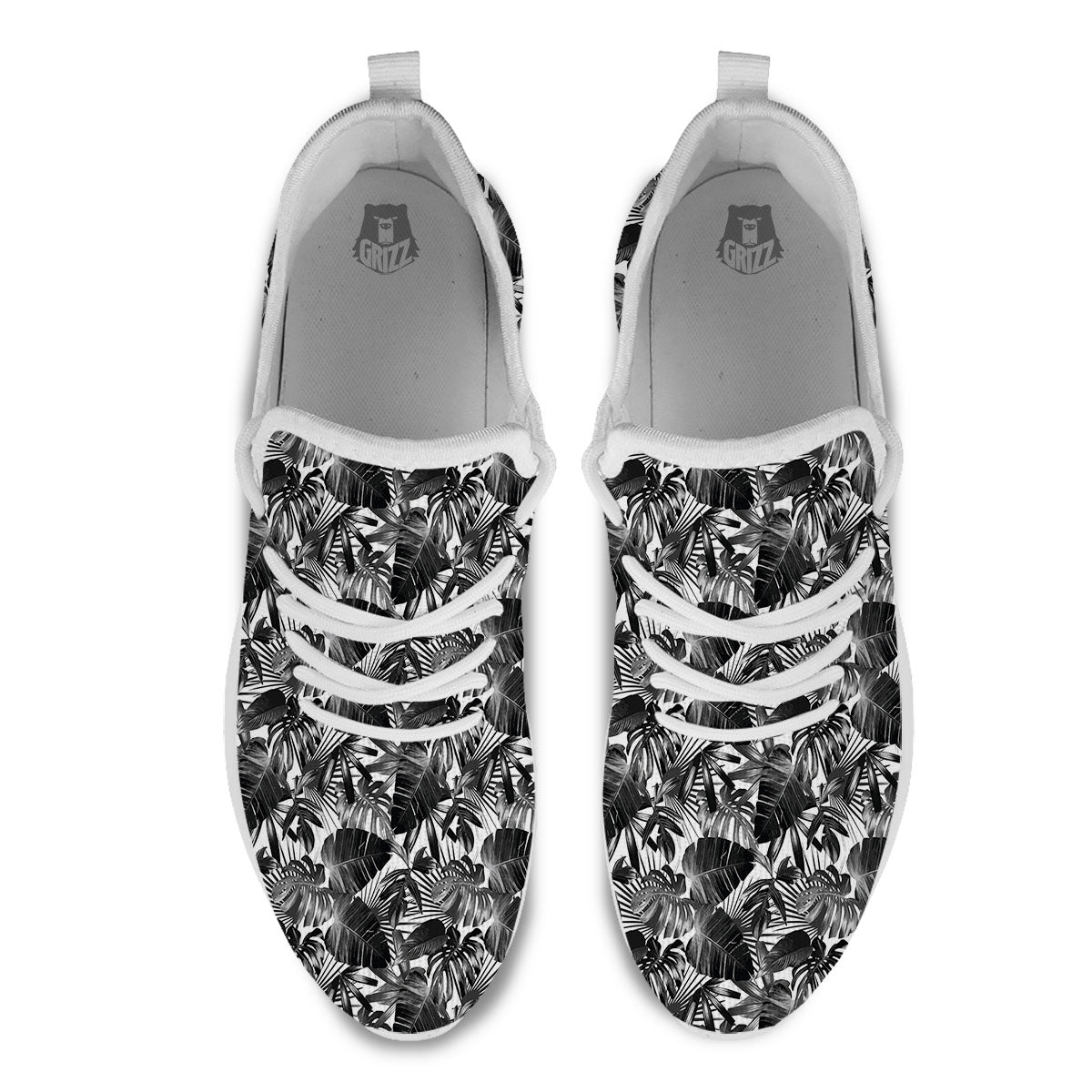 Tropical Leaf Black White Print Pattern White Athletic Shoes-grizzshop