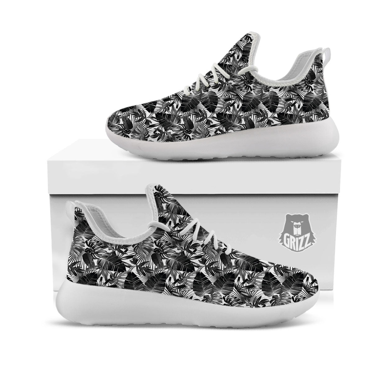 Tropical Leaf Black White Print Pattern White Athletic Shoes-grizzshop