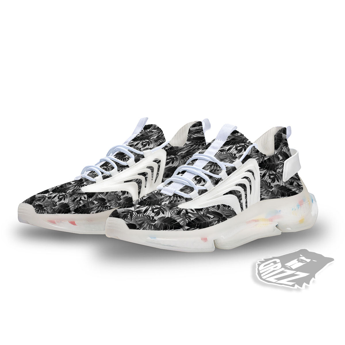 Tropical Leaf Black White Print Pattern White Gym Shoes-grizzshop