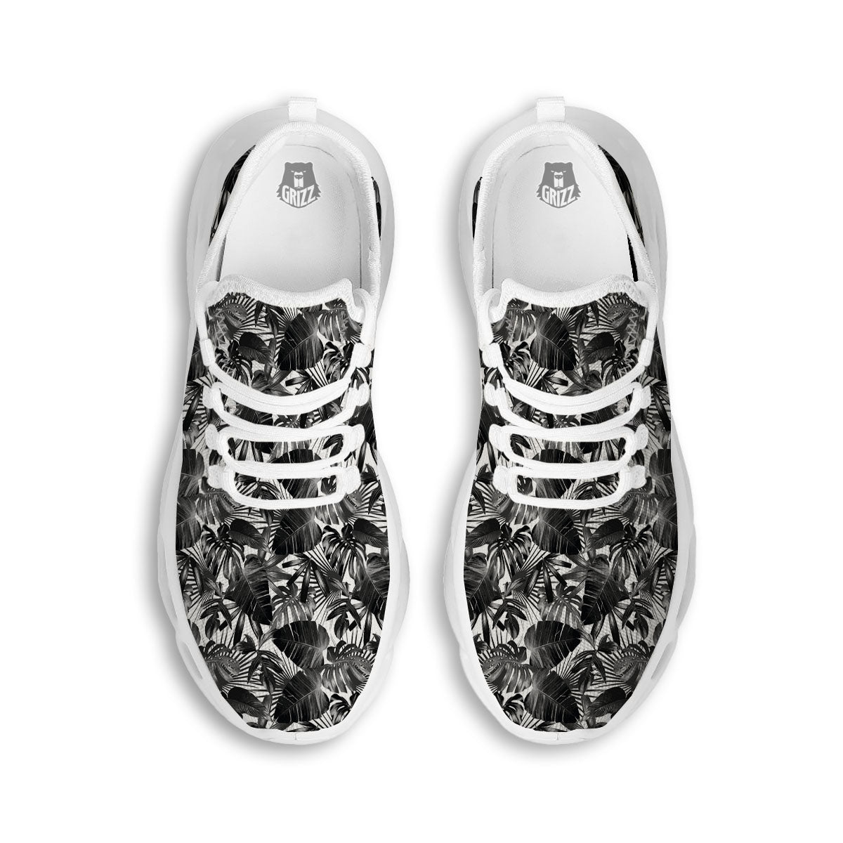 Tropical Leaf Black White Print Pattern White Running Shoes-grizzshop