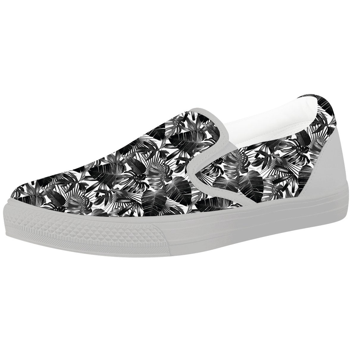 Tropical Leaf Black White Print Pattern White Slip On Shoes-grizzshop