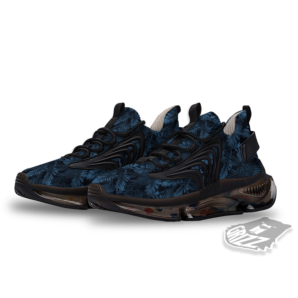 Tropical Leaf Dark Blue Print Pattern Black Gym Shoes-grizzshop