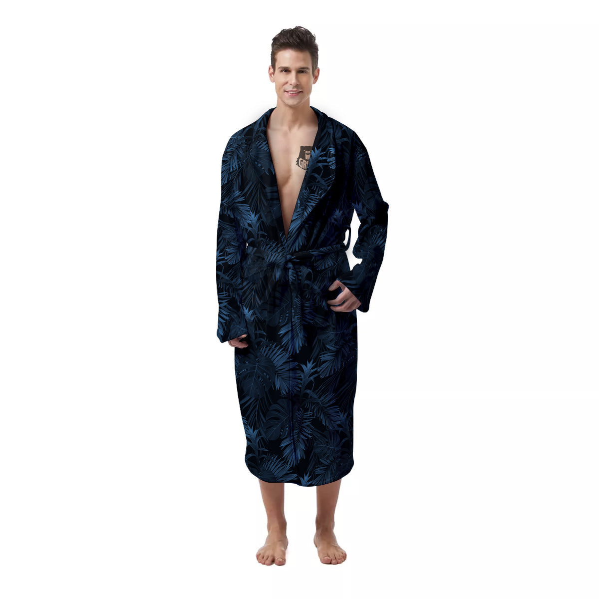 Tropical Leaf Dark Blue Print Pattern Men's Robe-grizzshop