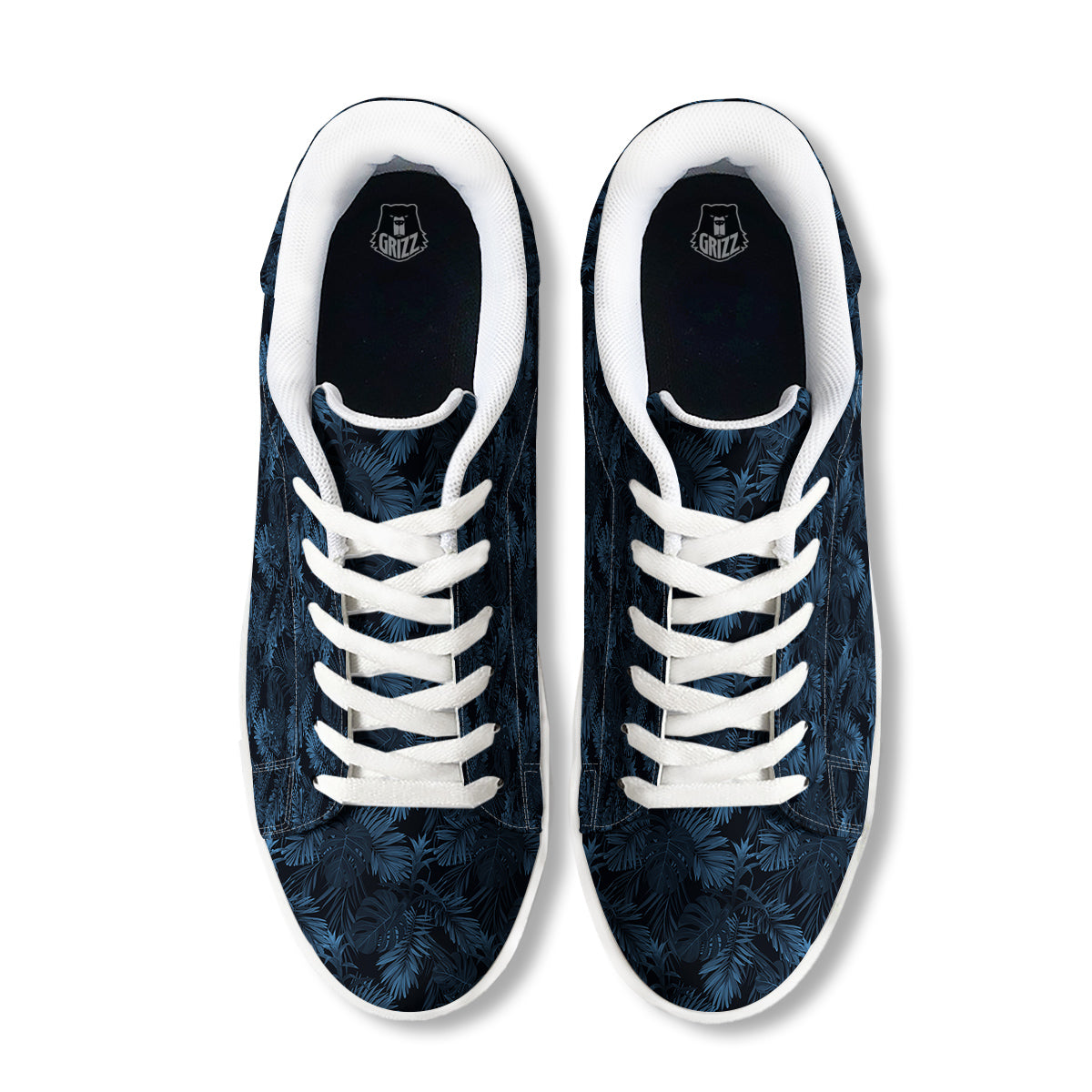 Tropical Leaf Dark Blue Print Pattern White Low Top Sneakers-grizzshop