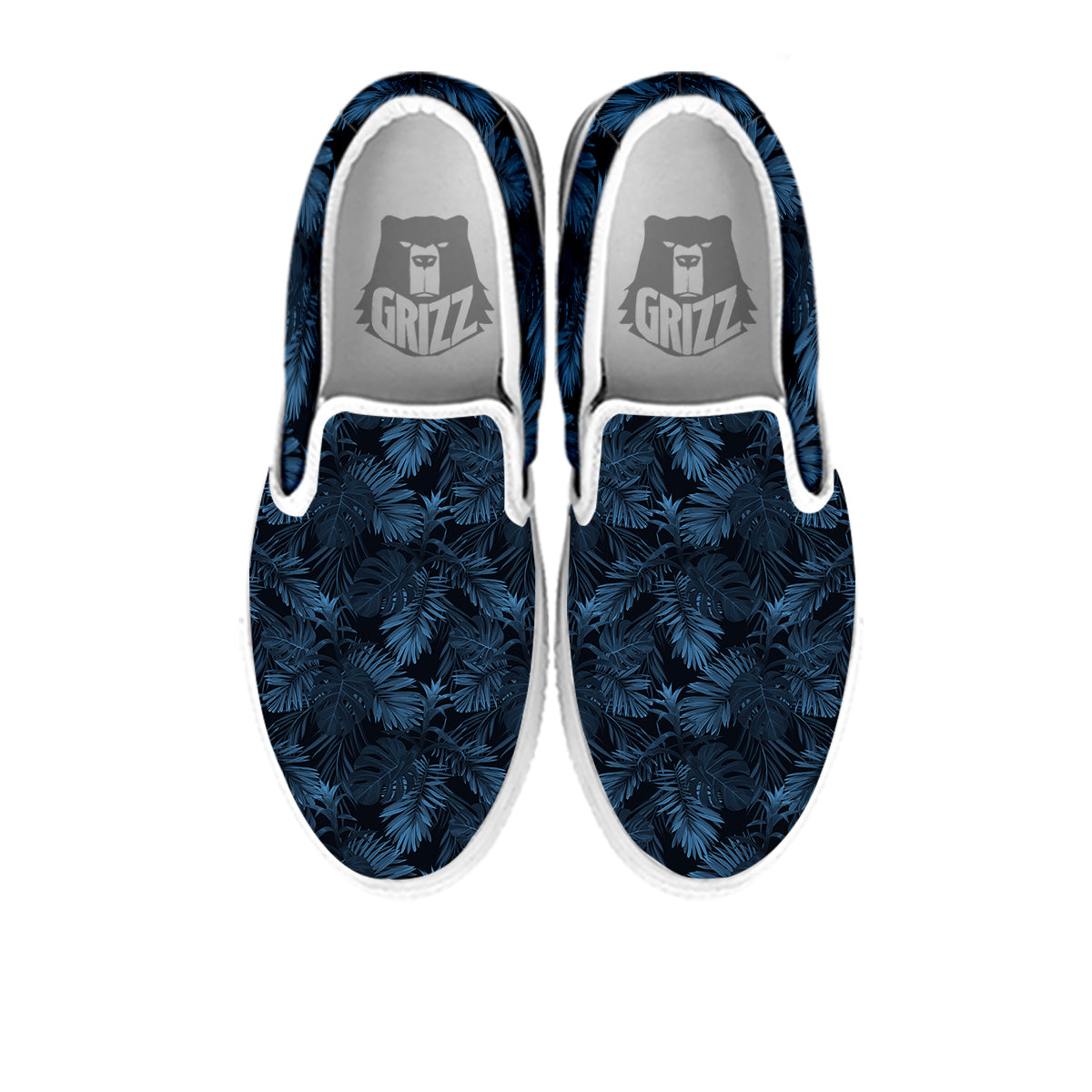 Tropical Leaf Dark Blue Print Pattern White Slip On Shoes-grizzshop
