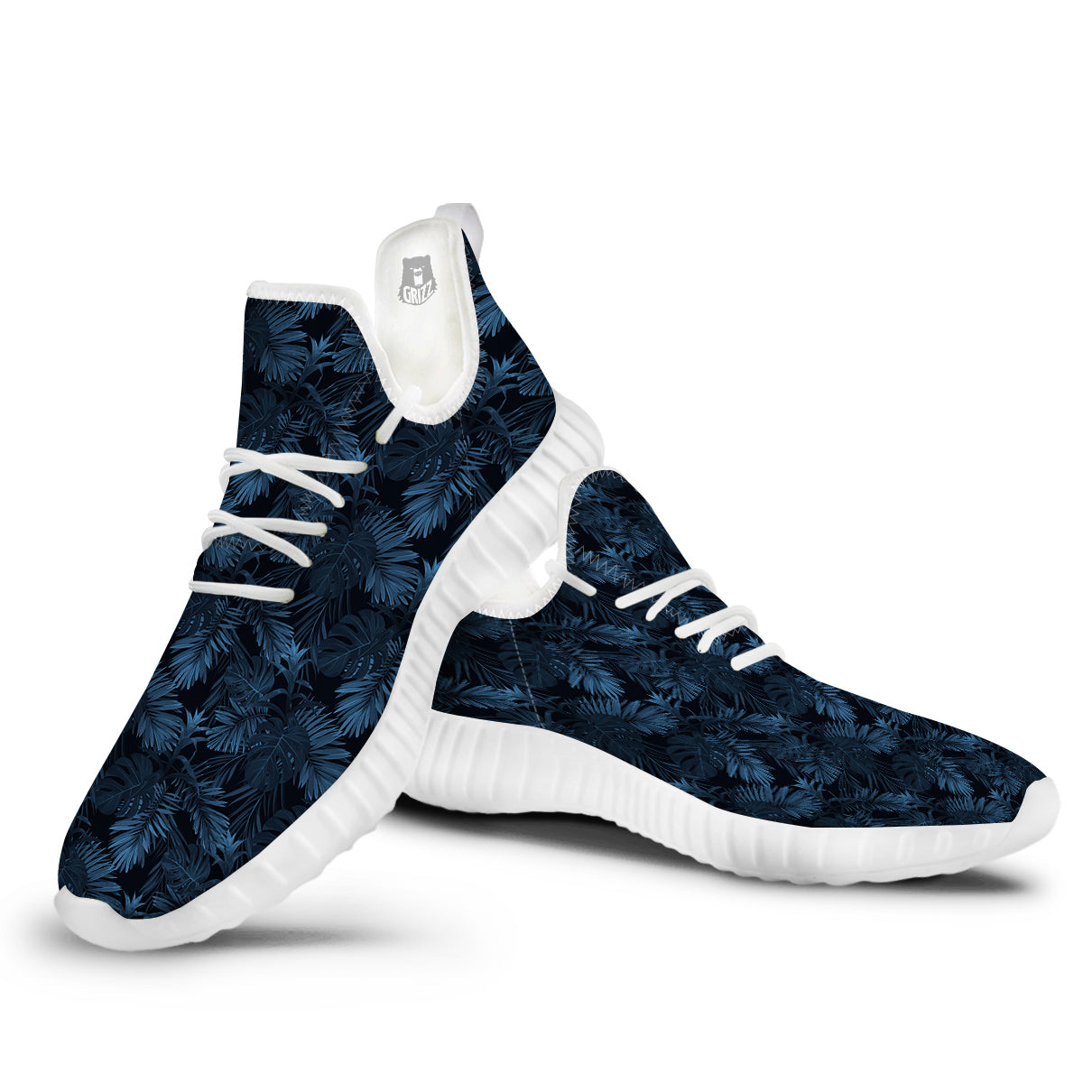 Tropical Leaf Dark Blue Print Pattern White Walking Shoes-grizzshop