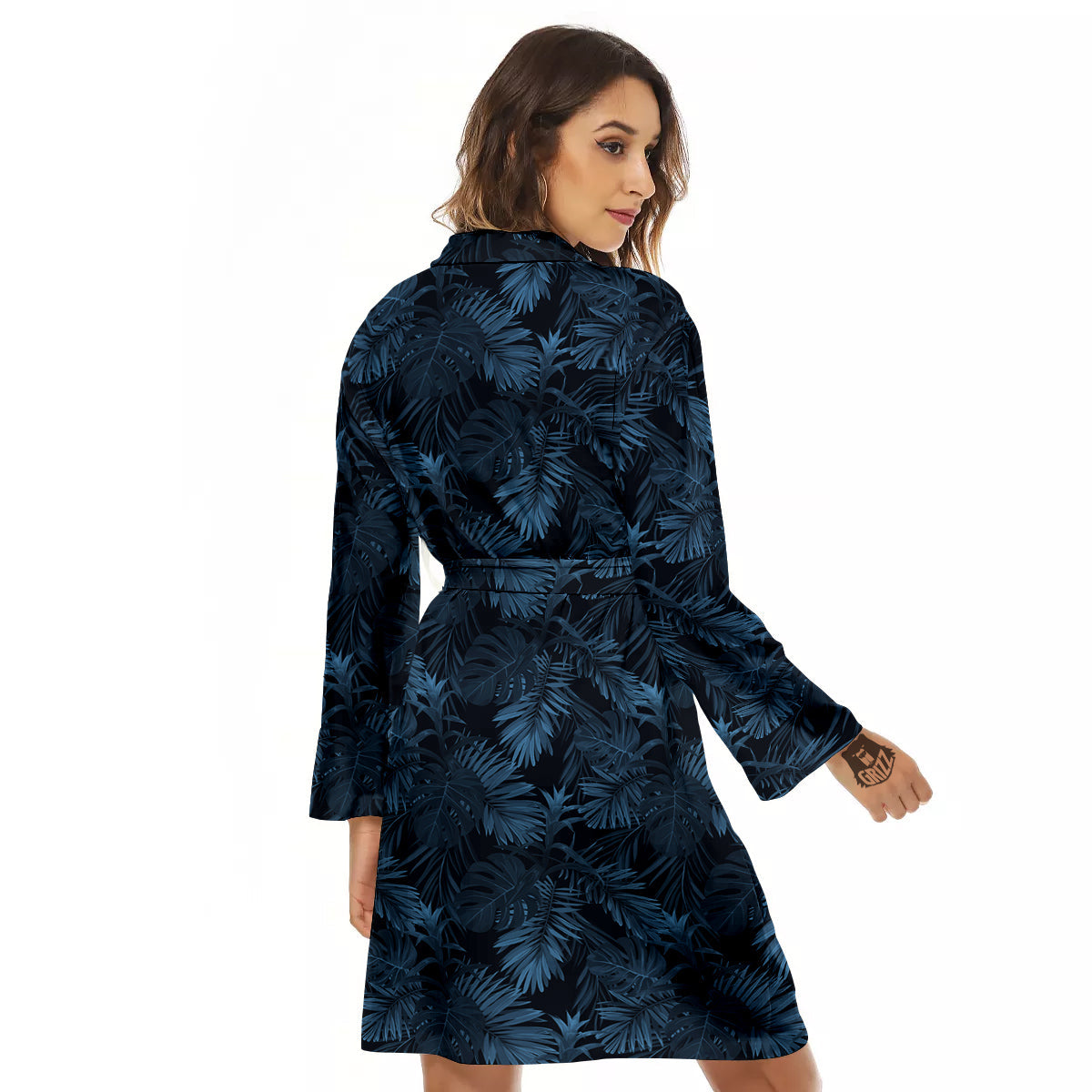 Tropical Leaf Dark Blue Print Pattern Women's Robe-grizzshop
