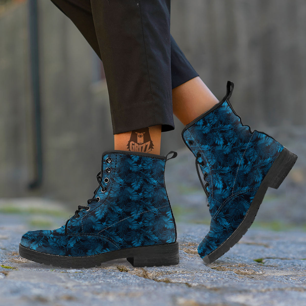 Tropical Leaf Dark Print Pattern Leather Boots-grizzshop