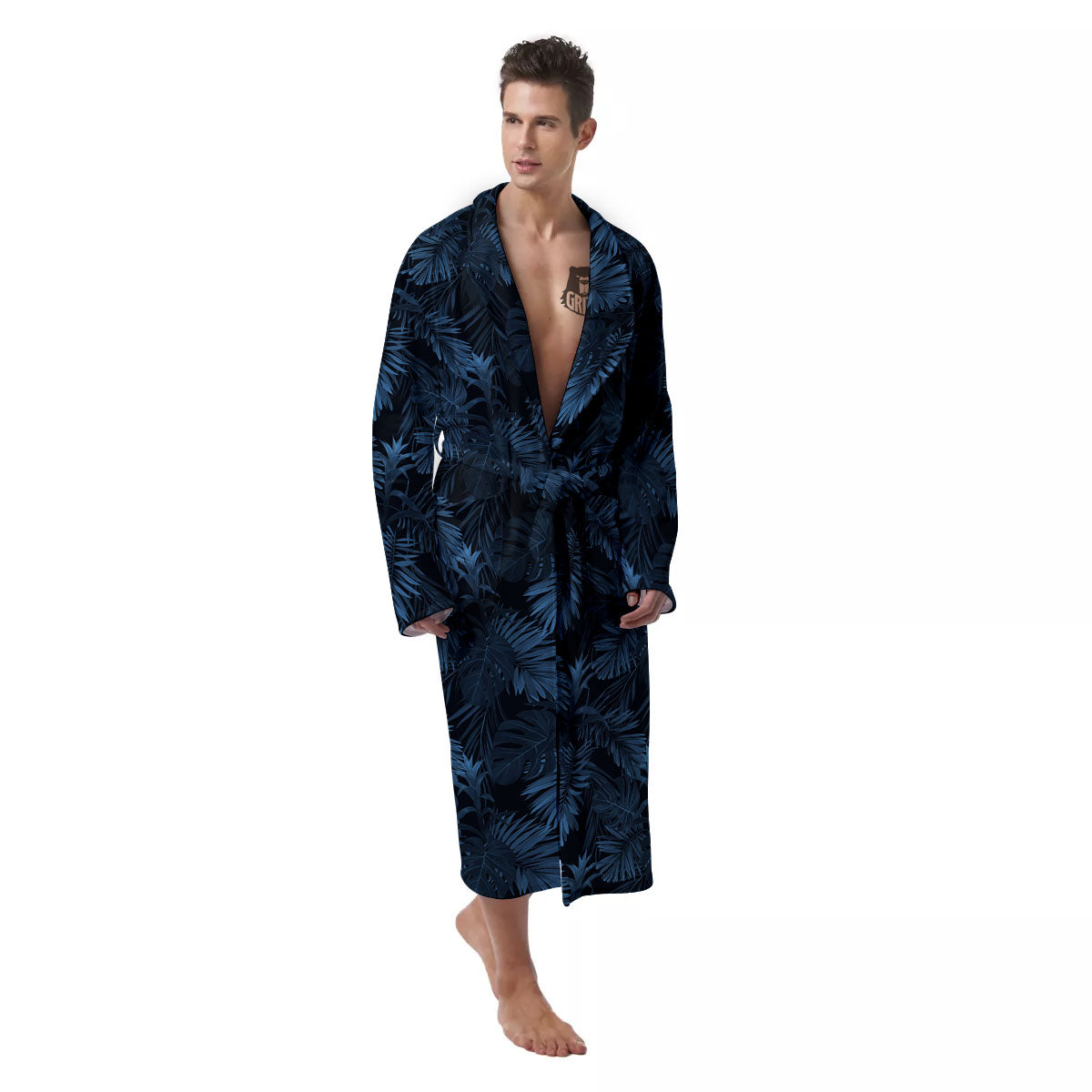 Tropical Leaf Dark Print Pattern Men's Robe-grizzshop