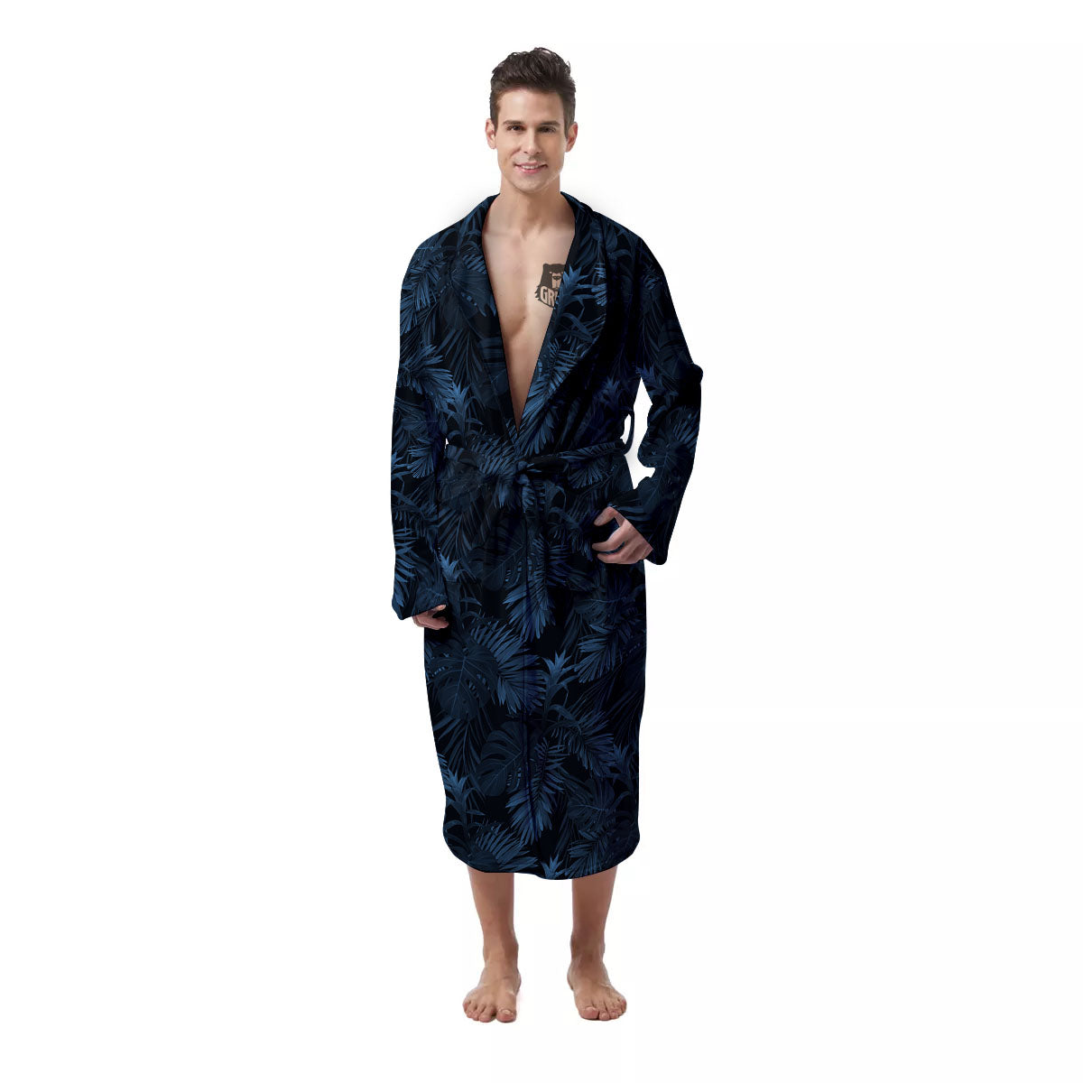 Tropical Leaf Dark Print Pattern Men's Robe-grizzshop