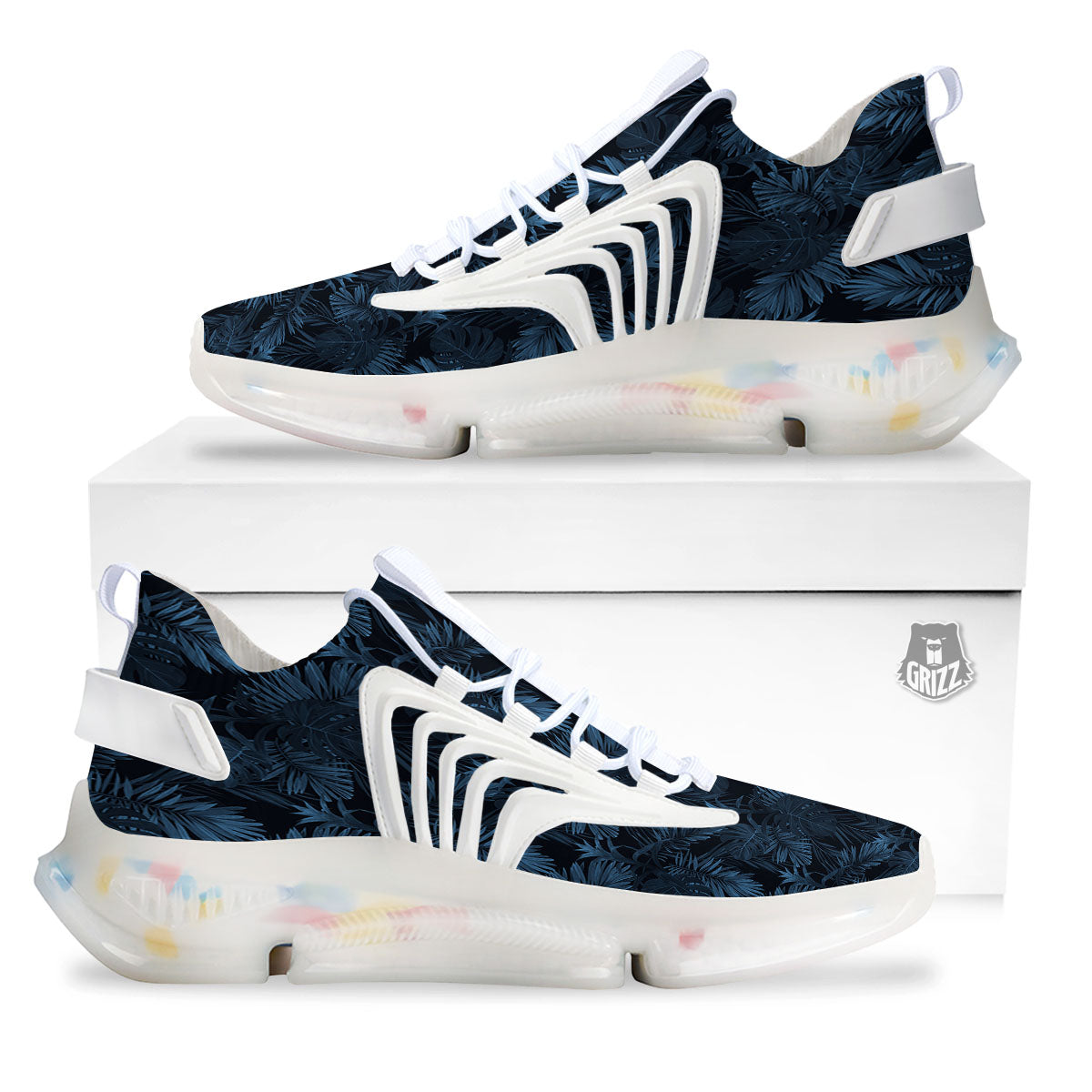 Tropical Leaf Dark Print Pattern White Gym Shoes-grizzshop