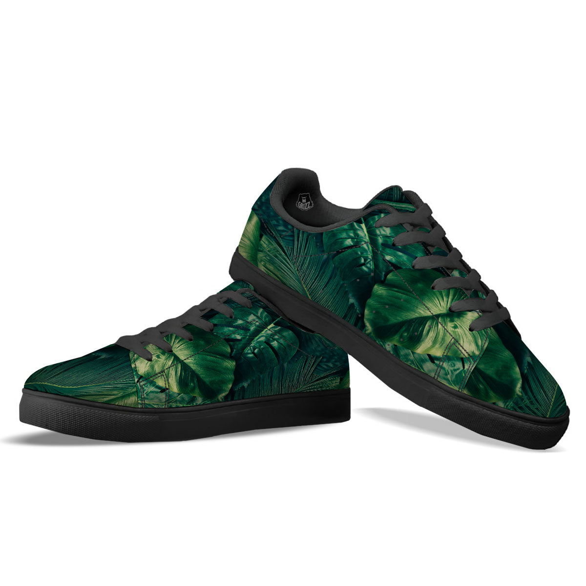 Tropical Leaf Natural Print Black Low Top Sneakers-grizzshop