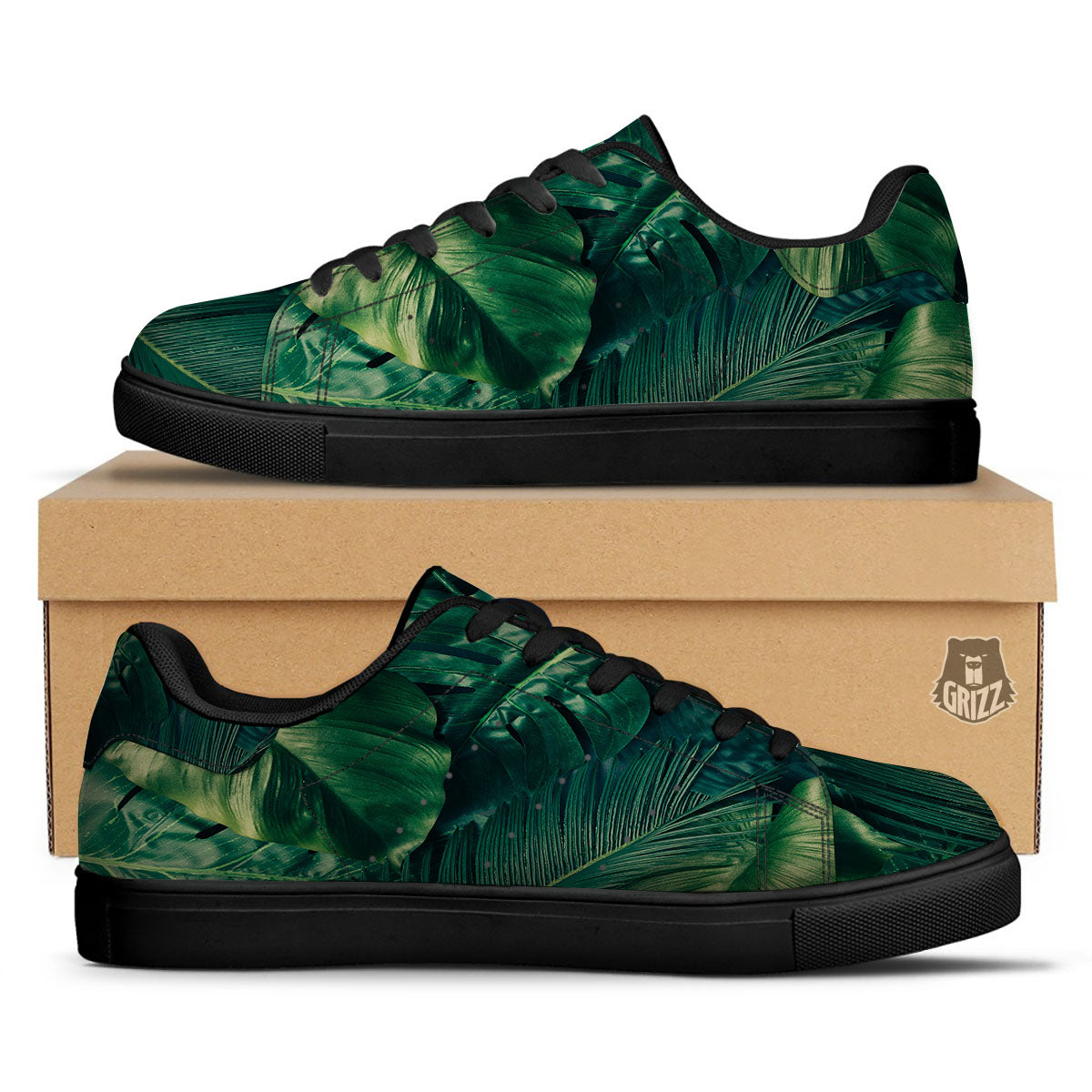 Tropical Leaf Natural Print Black Low Top Sneakers-grizzshop