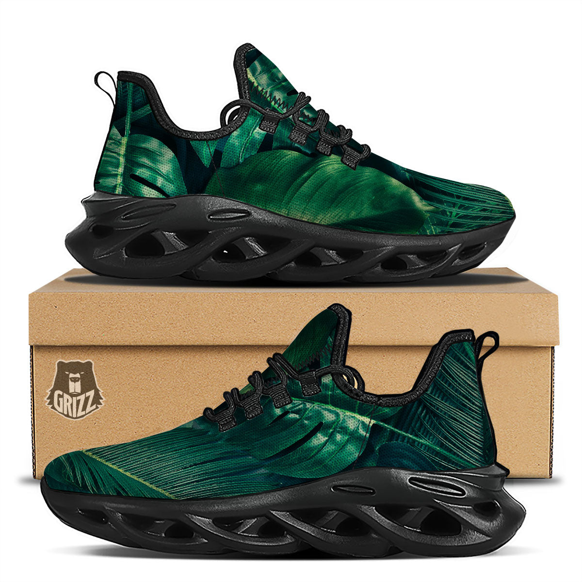 Tropical Leaf Natural Print Black Running Shoes-grizzshop