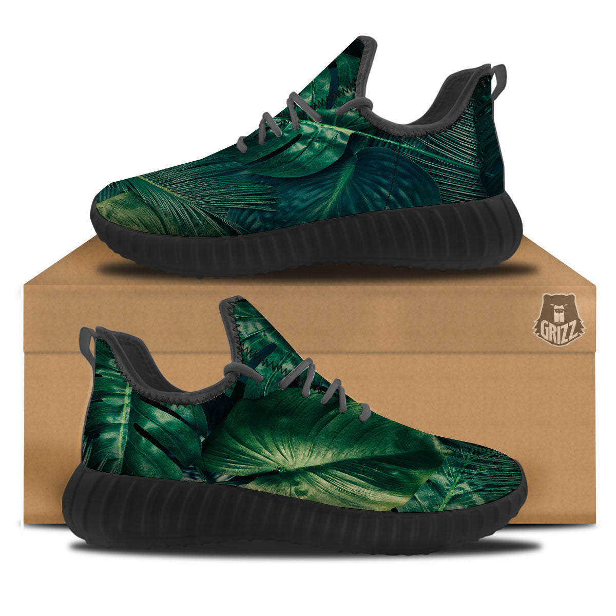 Tropical Leaf Natural Print Black Walking Shoes-grizzshop