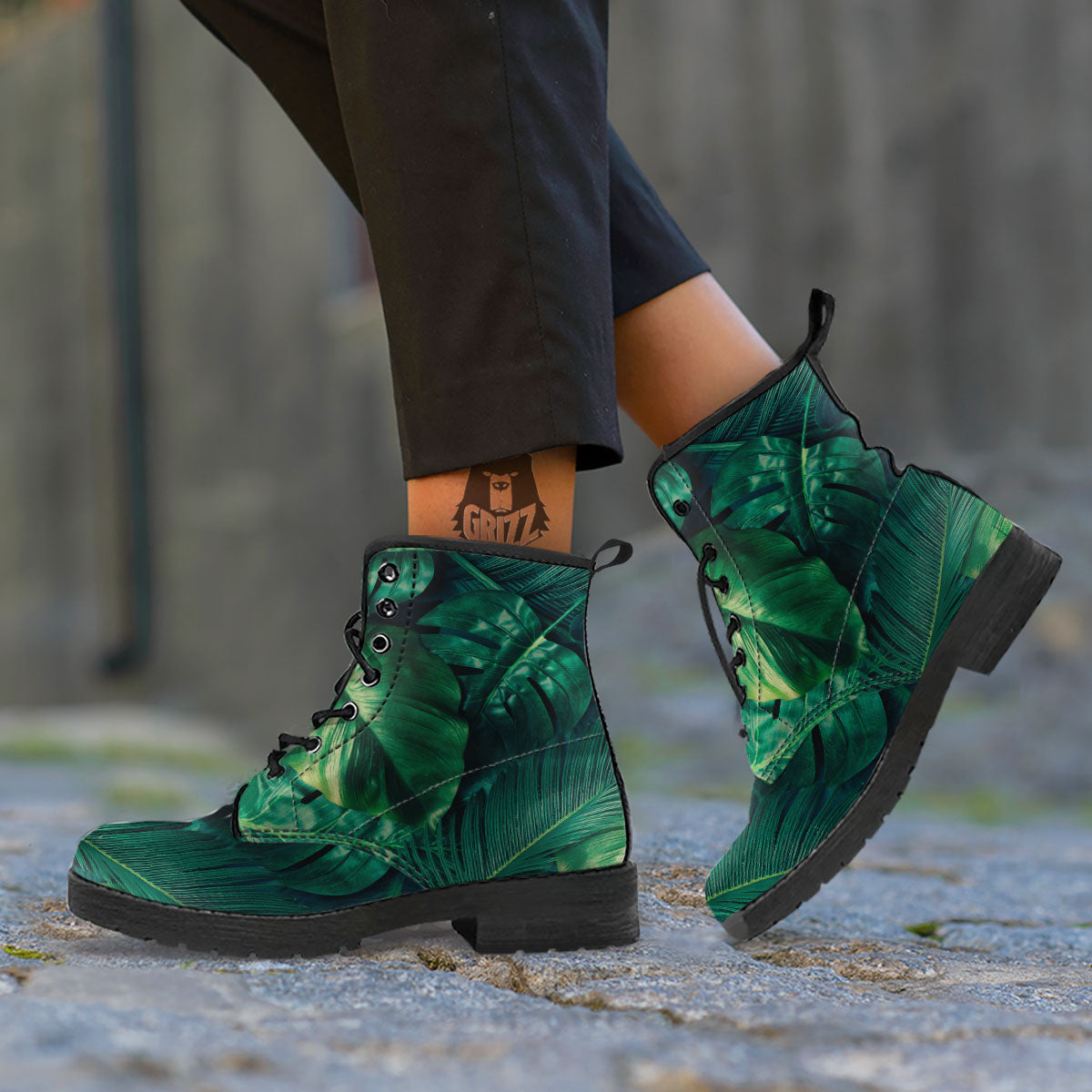 Tropical Leaf Natural Print Leather Boots-grizzshop