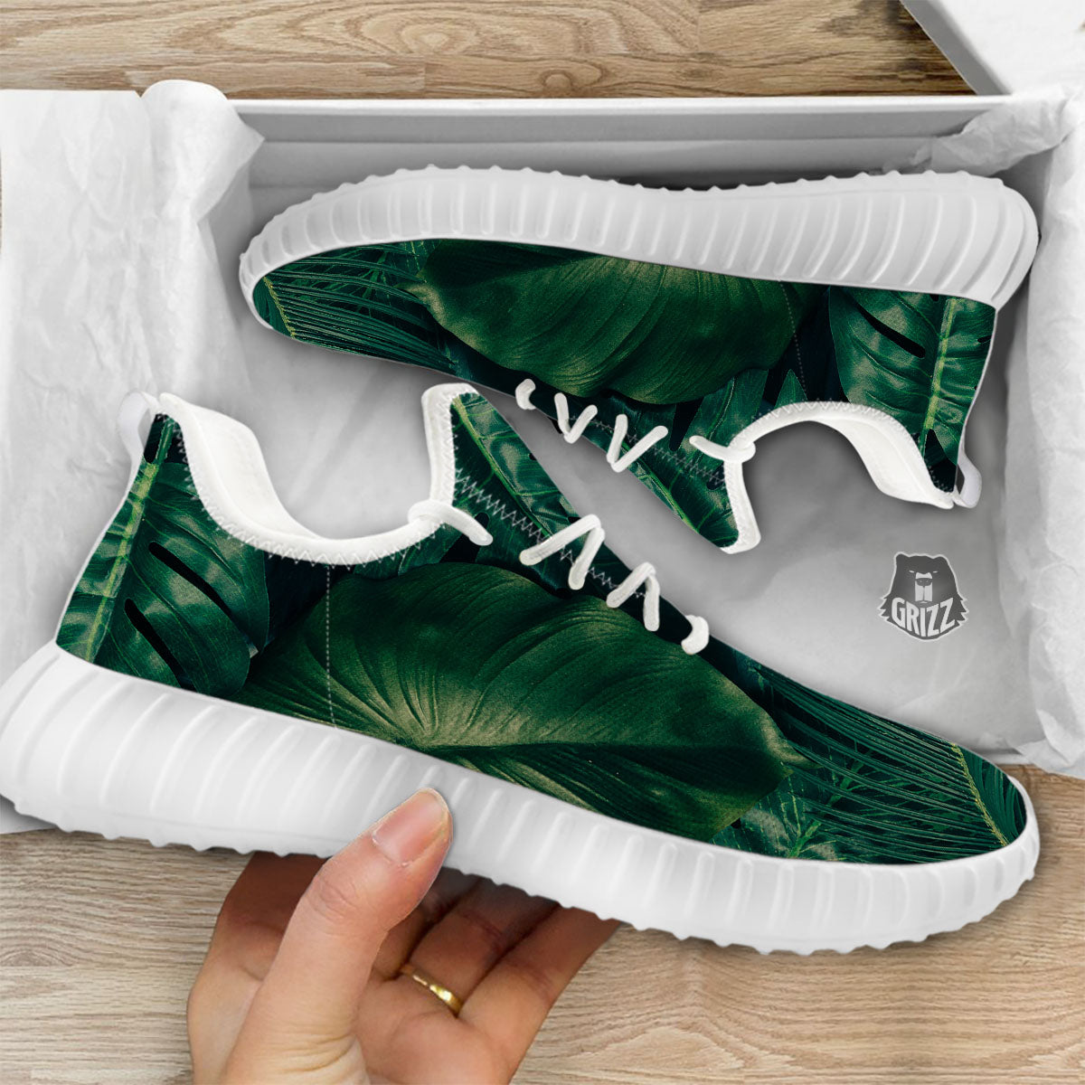 Tropical Leaf Natural Print White Walking Shoes-grizzshop
