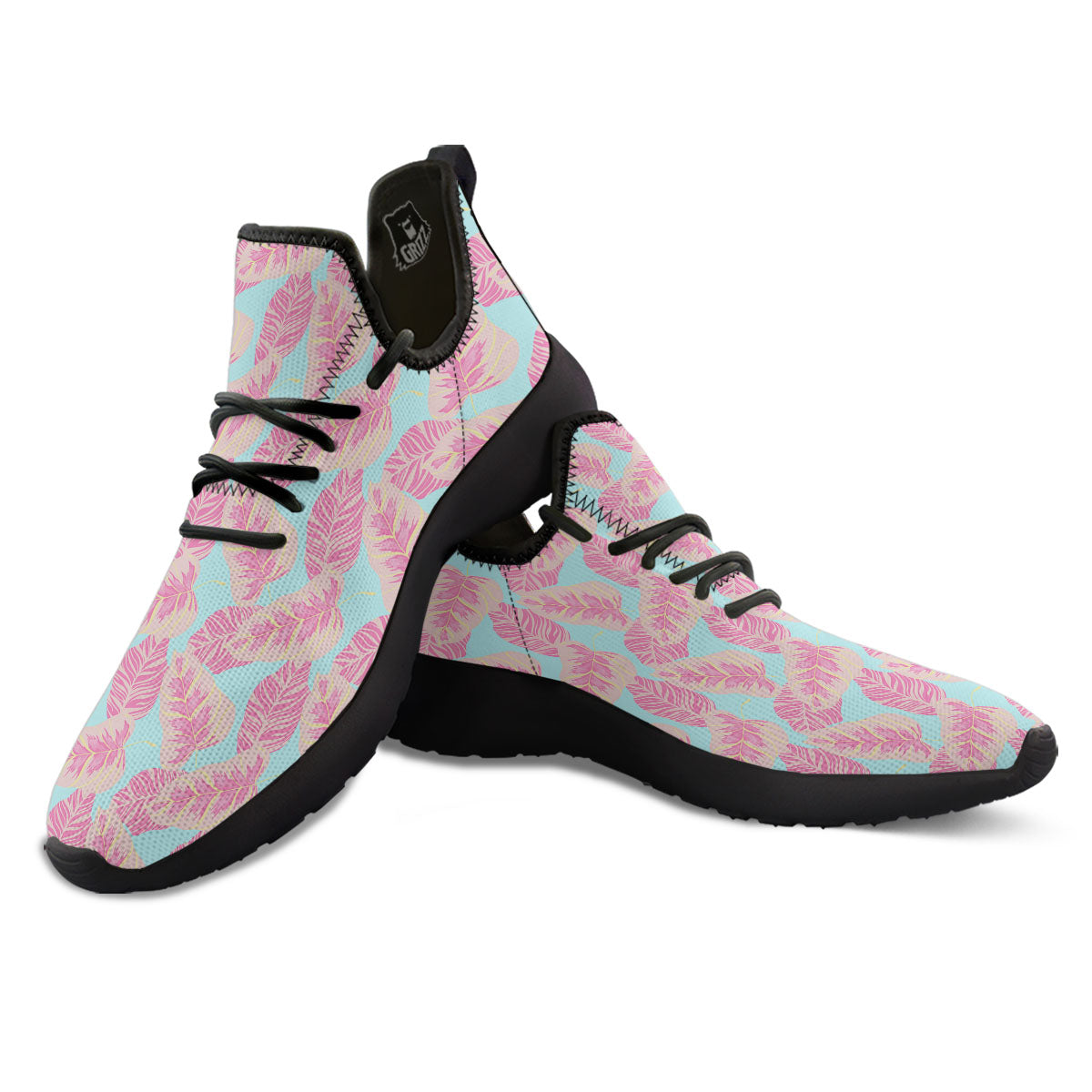 Tropical Leaf Pink And Teal Print Pattern Black Athletic Shoes-grizzshop