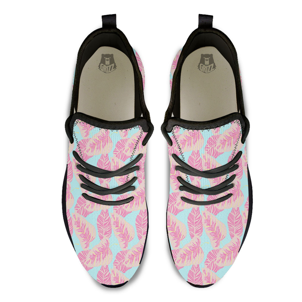 Tropical Leaf Pink And Teal Print Pattern Black Athletic Shoes-grizzshop
