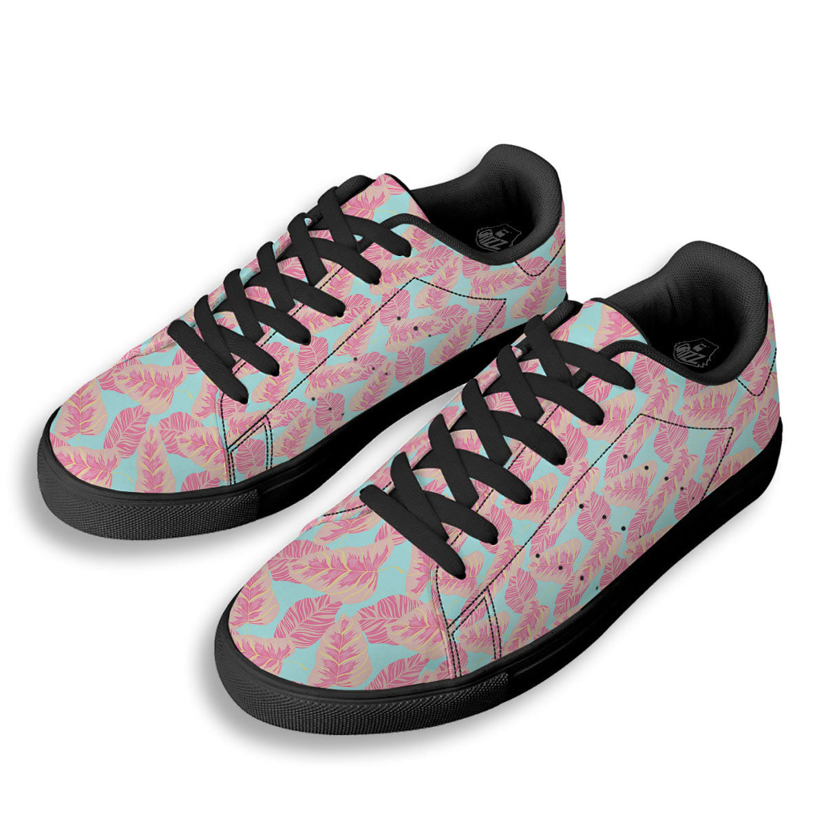 Tropical Leaf Pink And Teal Print Pattern Black Low Top Sneakers-grizzshop