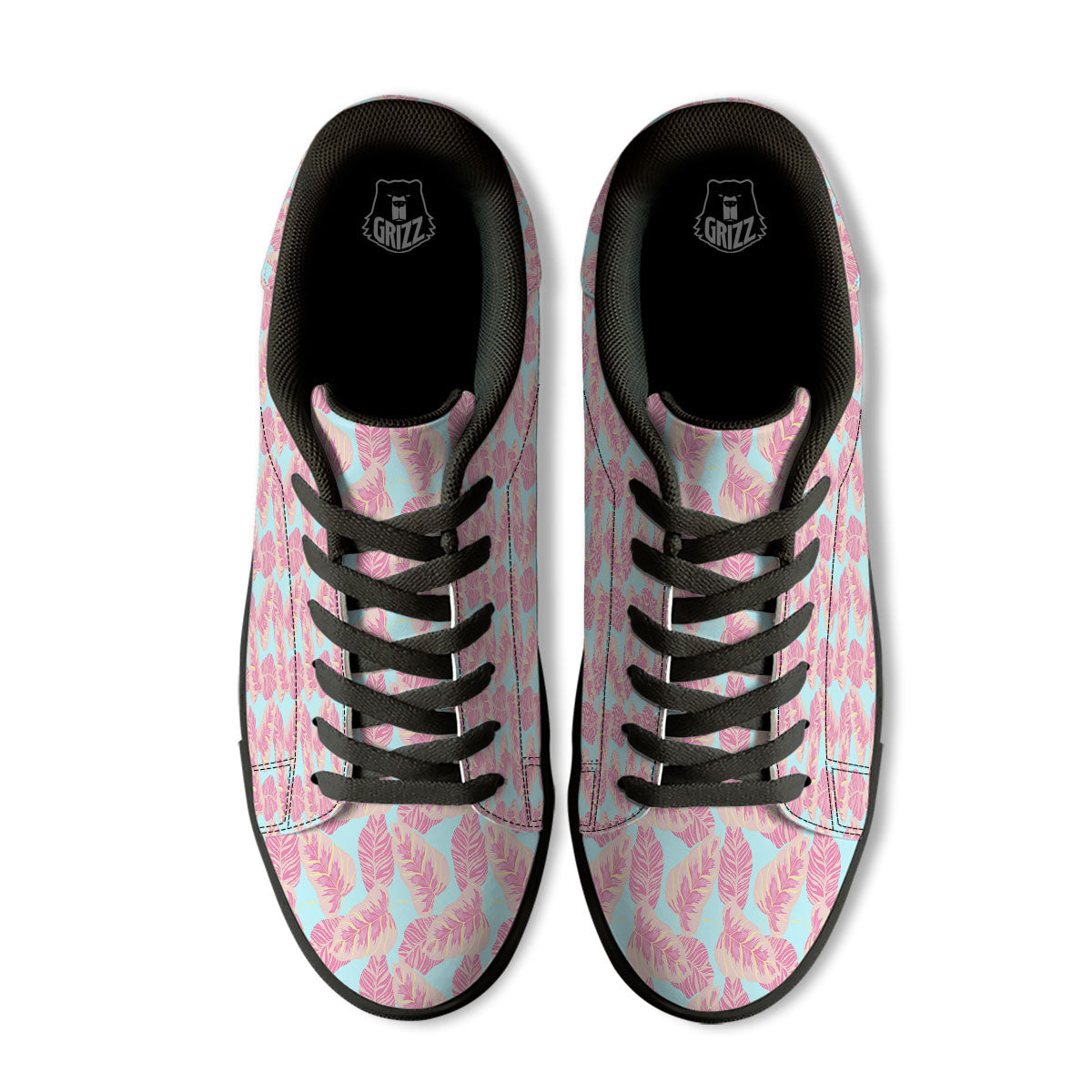 Tropical Leaf Pink And Teal Print Pattern Black Low Top Sneakers-grizzshop