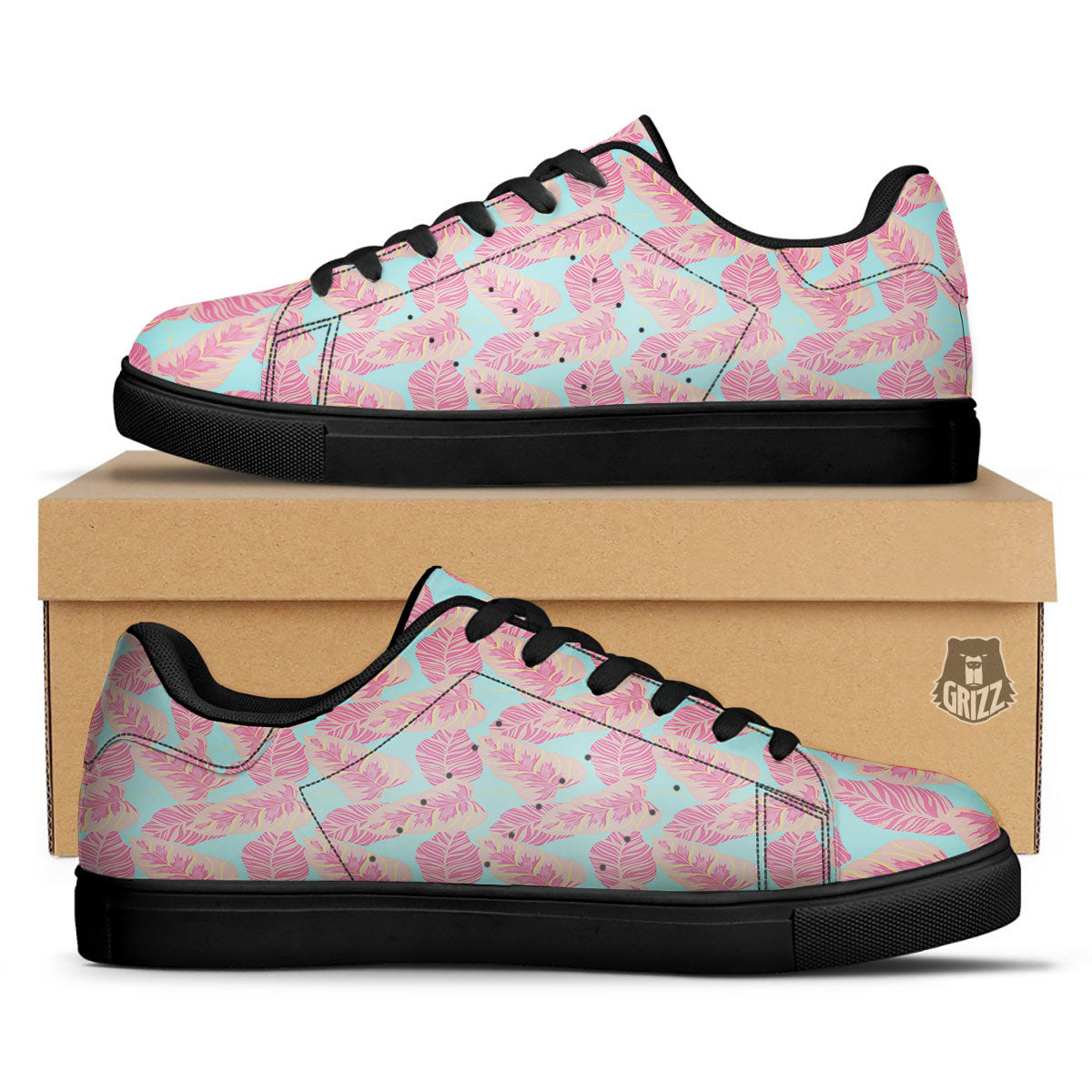 Tropical Leaf Pink And Teal Print Pattern Black Low Top Sneakers-grizzshop
