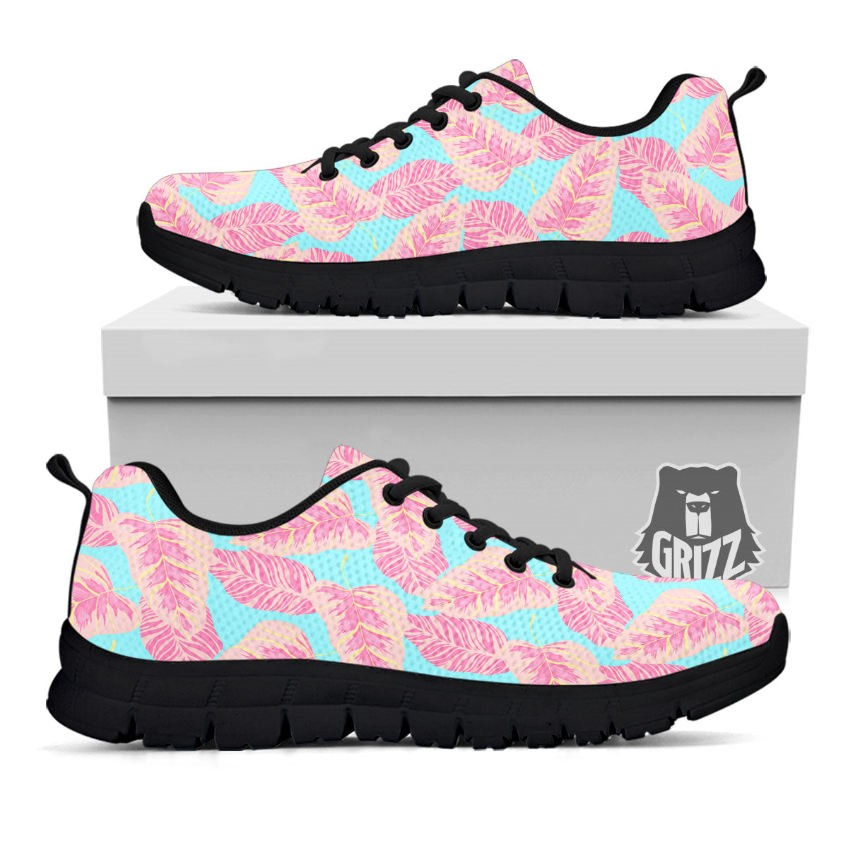 Tropical Leaf Pink And Teal Print Pattern Black Sneaker-grizzshop