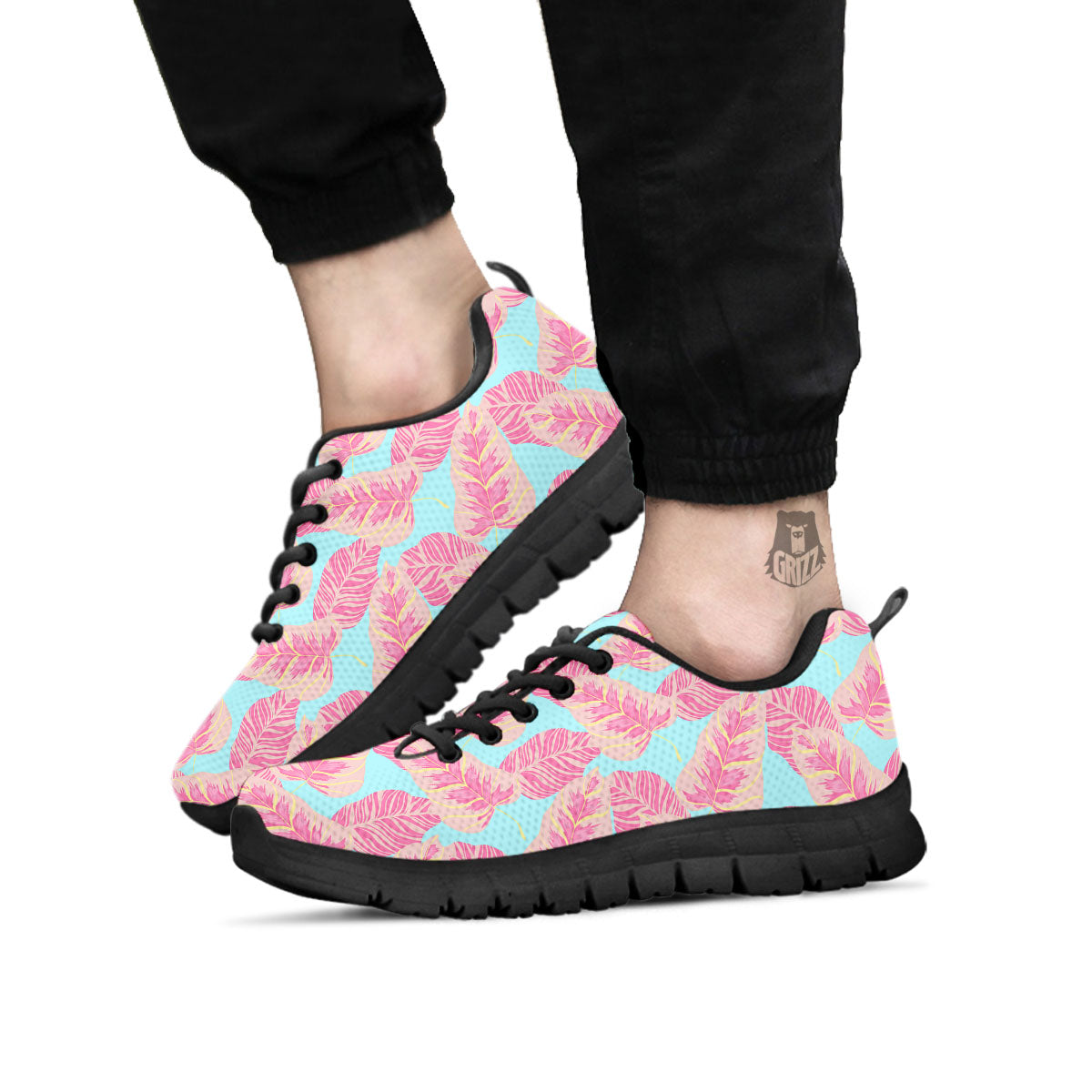 Tropical Leaf Pink And Teal Print Pattern Black Sneaker-grizzshop