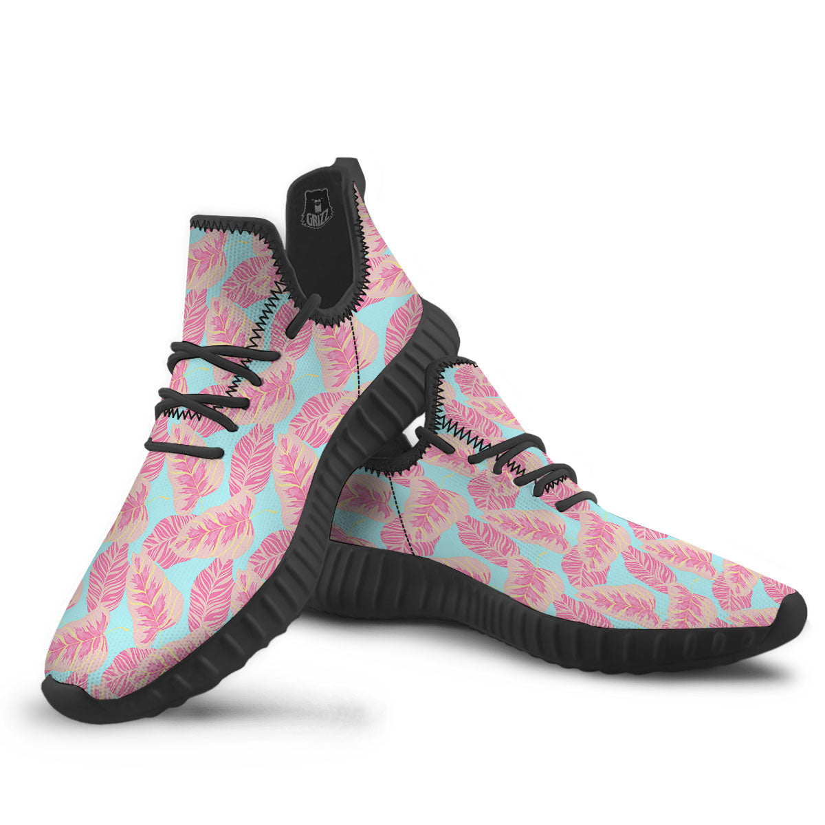Tropical Leaf Pink And Teal Print Pattern Black Walking Shoes-grizzshop