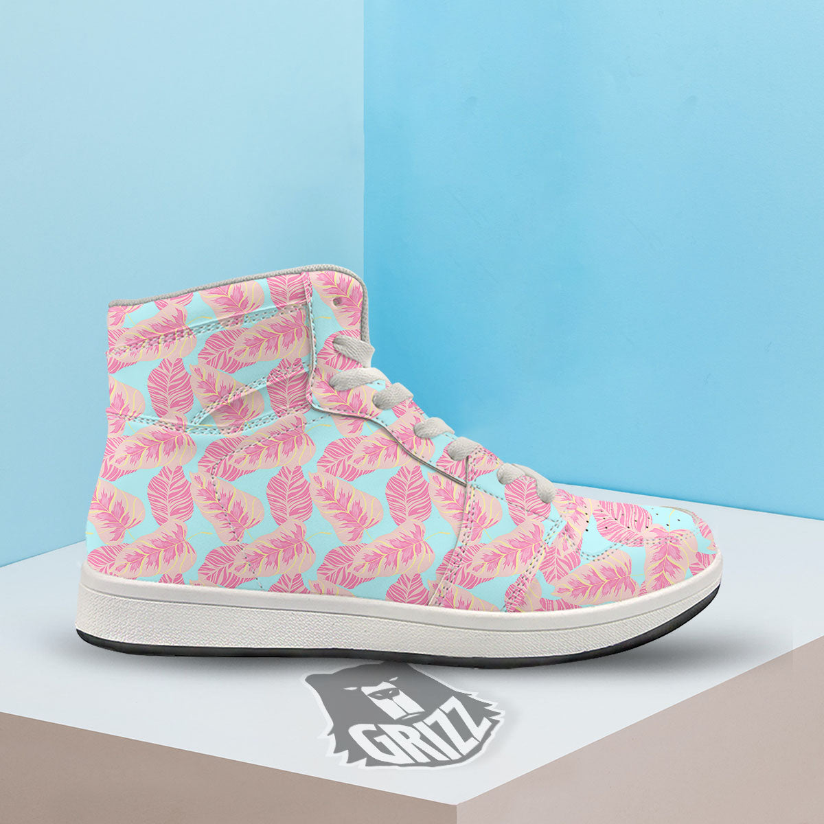 Tropical Leaf Pink And Teal Print Pattern High Top Sneakers-grizzshop