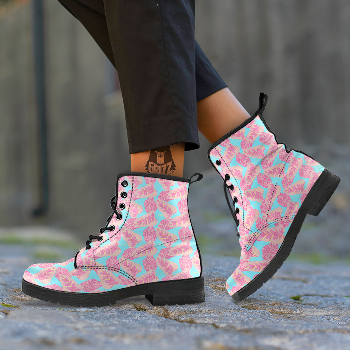 Tropical Leaf Pink And Teal Print Pattern Leather Boots-grizzshop